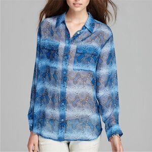 Equipment Printed Signature Blouse Parisian Blue Sheer Long Sleeve Women’s SZ XS